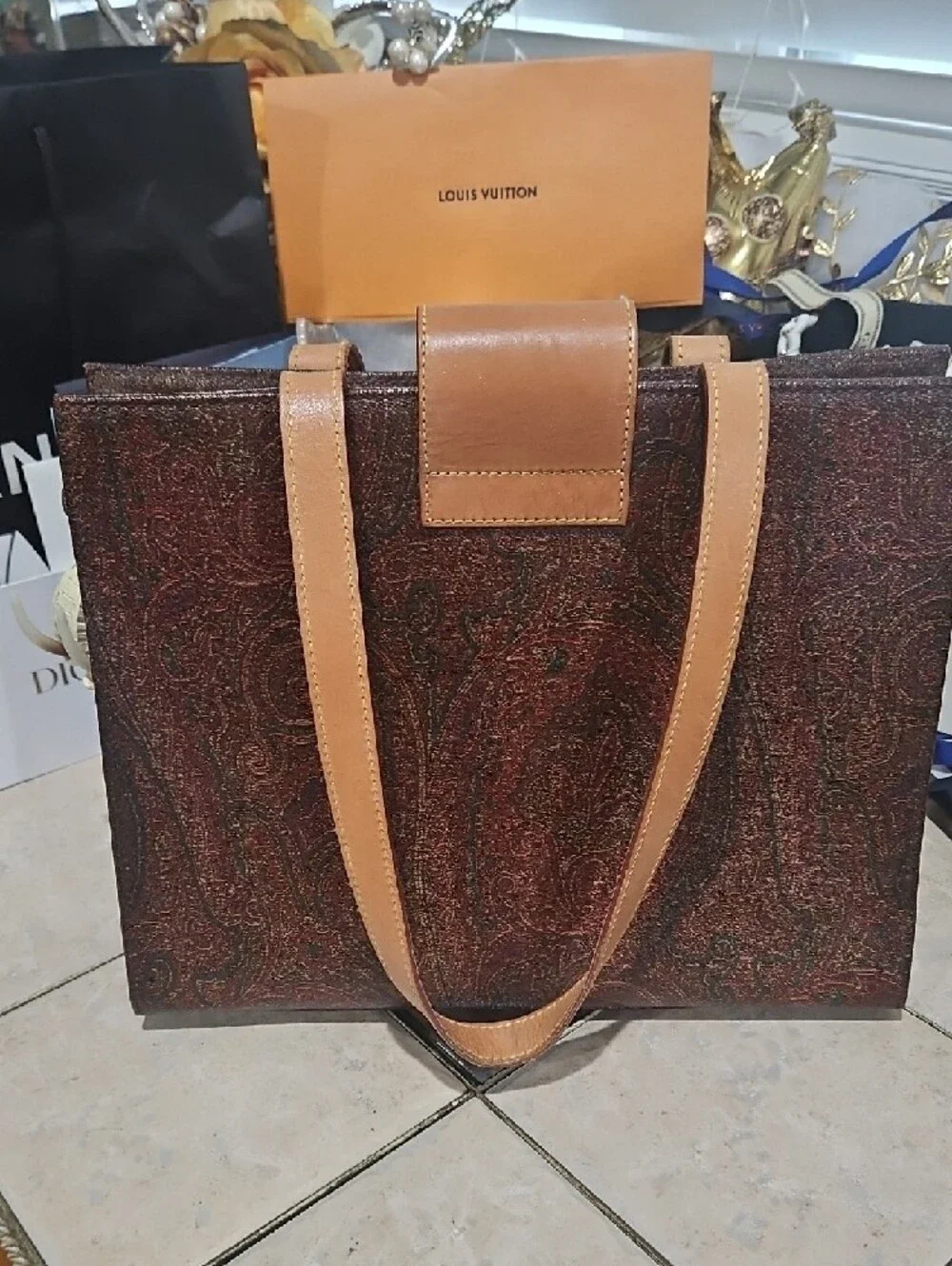 Vintage Etro Paisley Tote w/ Tan Leather Trim & Straps GUC! - Picture 6 of 17